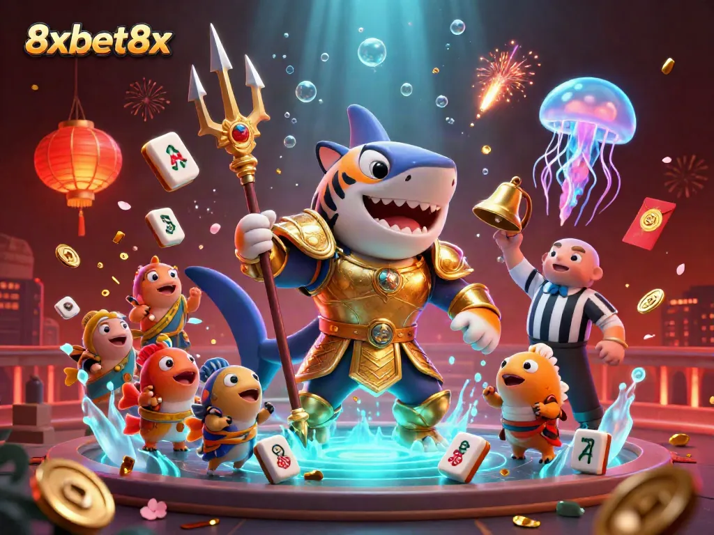 Experience the thrilling action of 8xbet8x with a fierce underwater scene showcasing exciting casino elements.