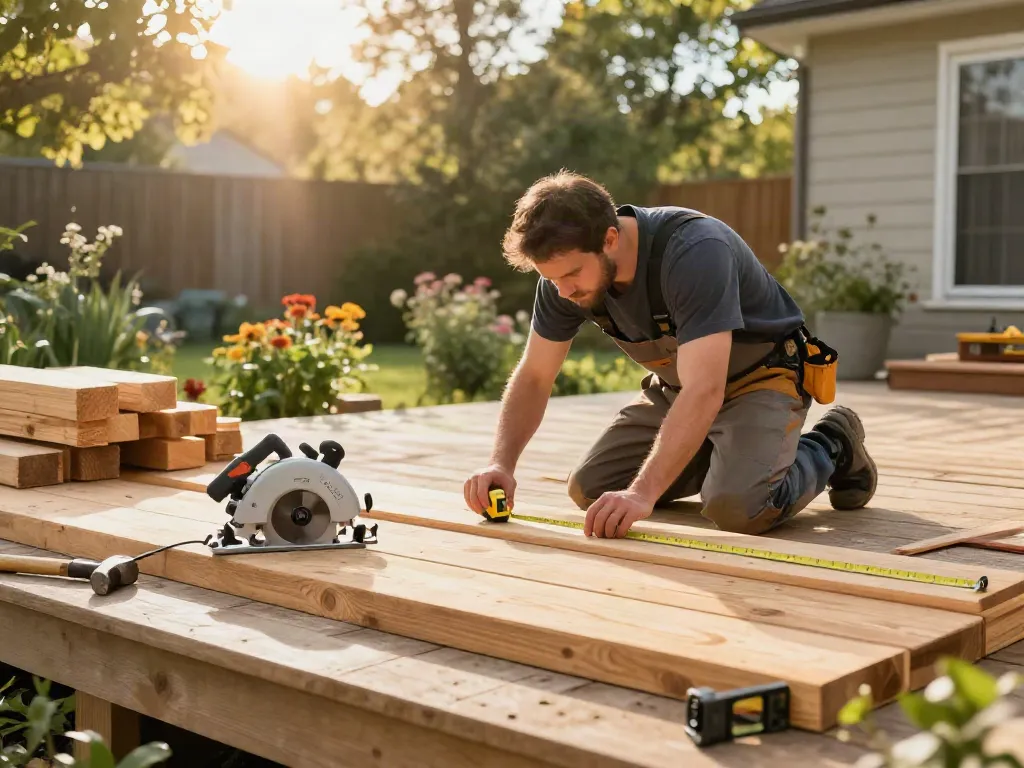 Craftsman deck builder measuring wood for a beautiful deck in Manly.