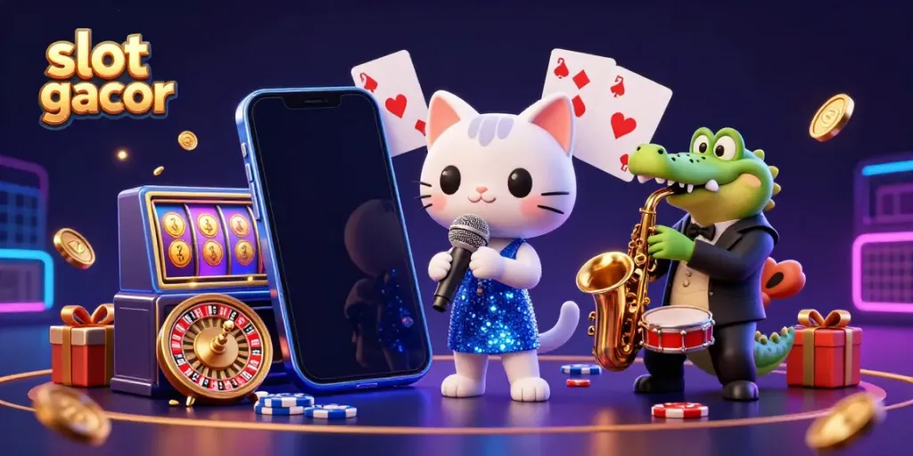 Engage with slot gacor in a vibrant casino scene featuring a jazz-singer cat, a crocodile, and a bear cub.