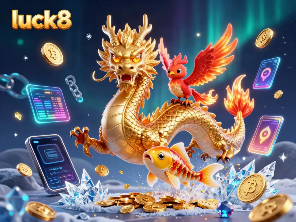 Engage in thrilling betting adventures at luck8, featuring a dynamic dragon and phoenix under a cascade of gold coins.