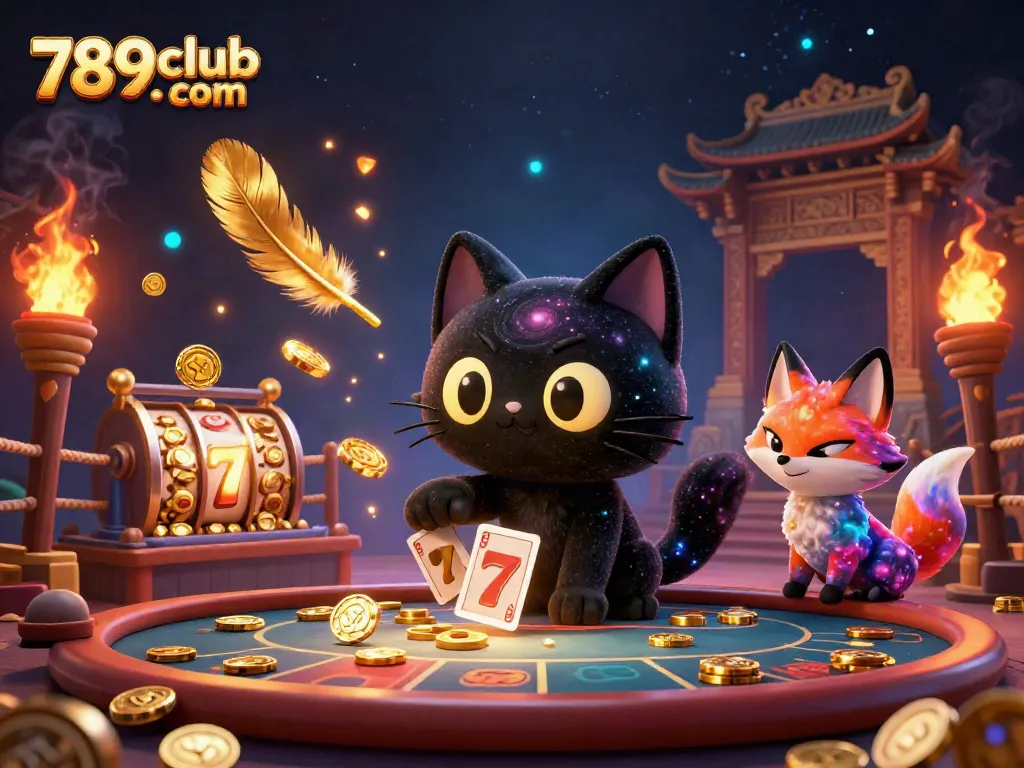 A dynamic casino scene featuring 789club com's black hole cat attracting chips and cards, accompanied by its nebula fox friend amidst vivid slot game elements.
