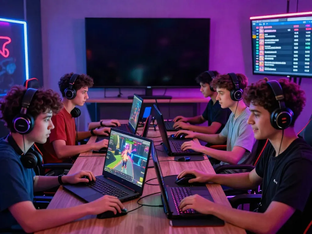 Group of players enjoying an online game with vibrant virtual background and competitive atmosphere