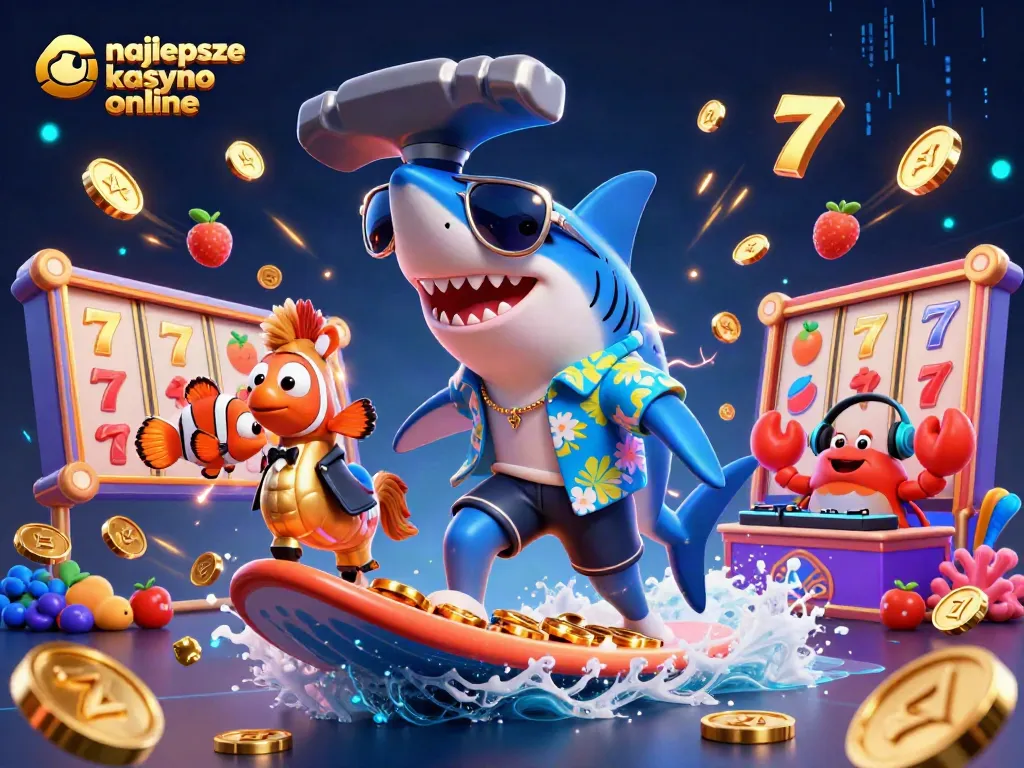 Engage with najlepsze kasyno online, experiencing excitement with a cartoon shark surfing on coins among dynamic gaming elements.