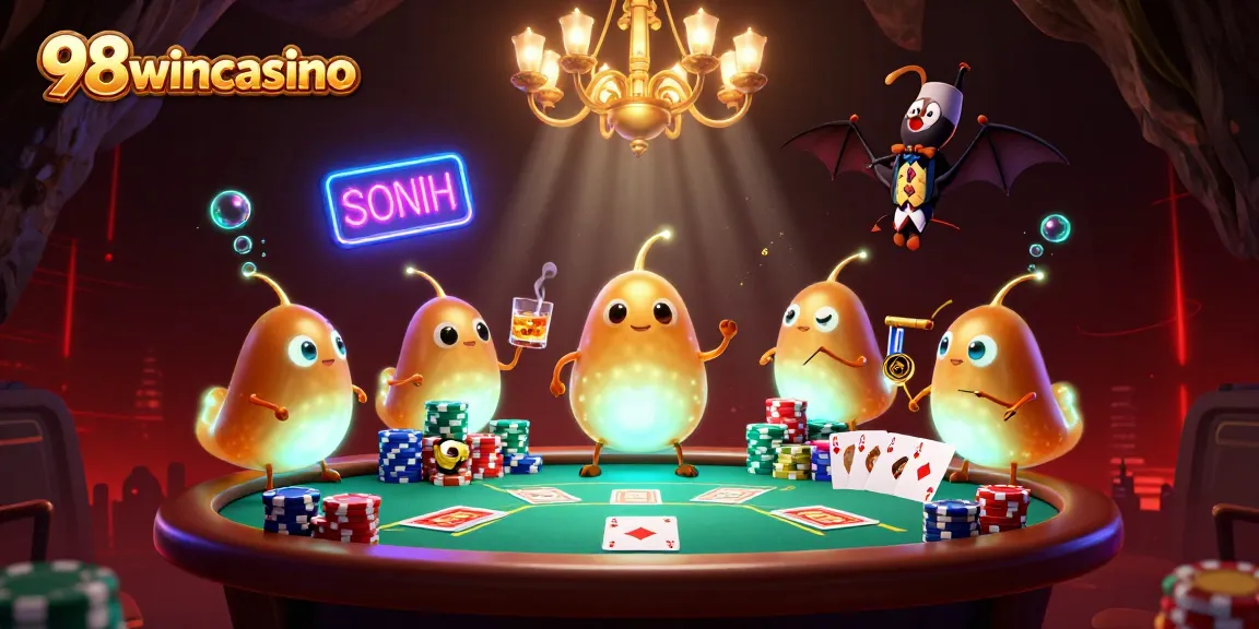 Engage with the vibrant 98wincasino atmosphere, showcasing glowworms illuminating a lively underground casino.