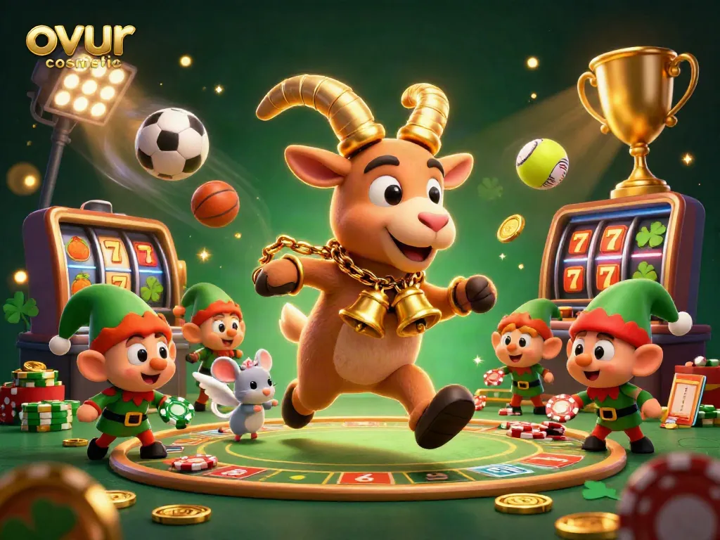 Engage with ovur cosmetic in a festive casino scene featuring a Krampus goat and mischievous gremlins.