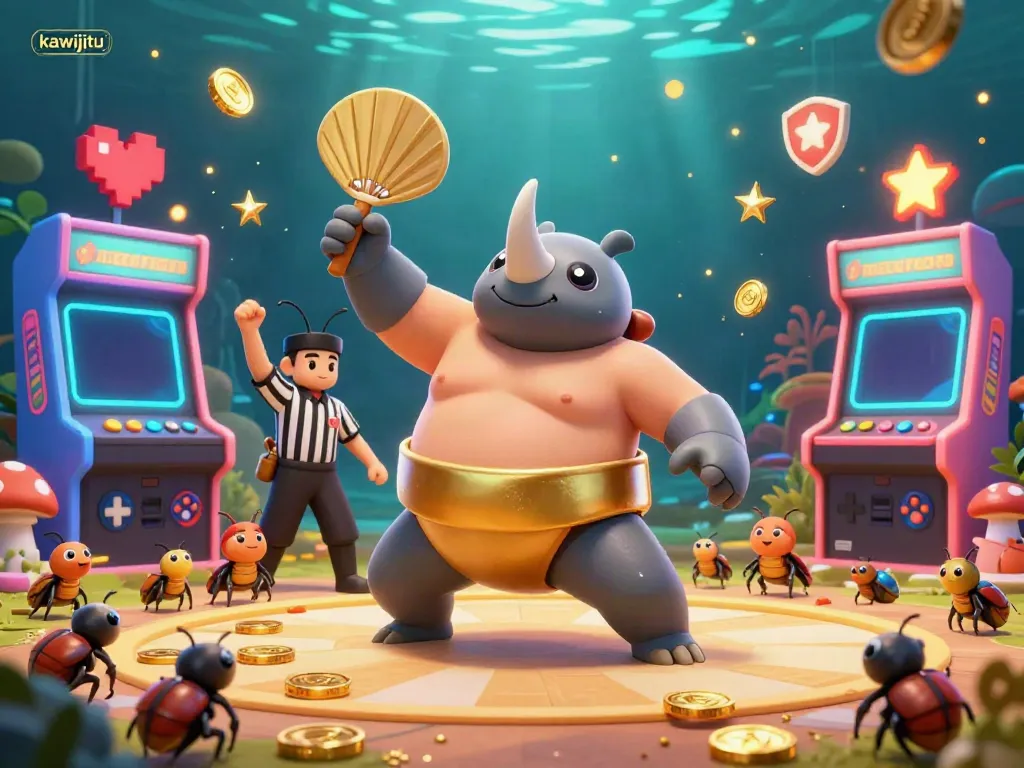 Kawijitu's vibrant casino illustration with a rhinoceros beetle sumo champion amidst flying gold coins and colorful gaming elements.