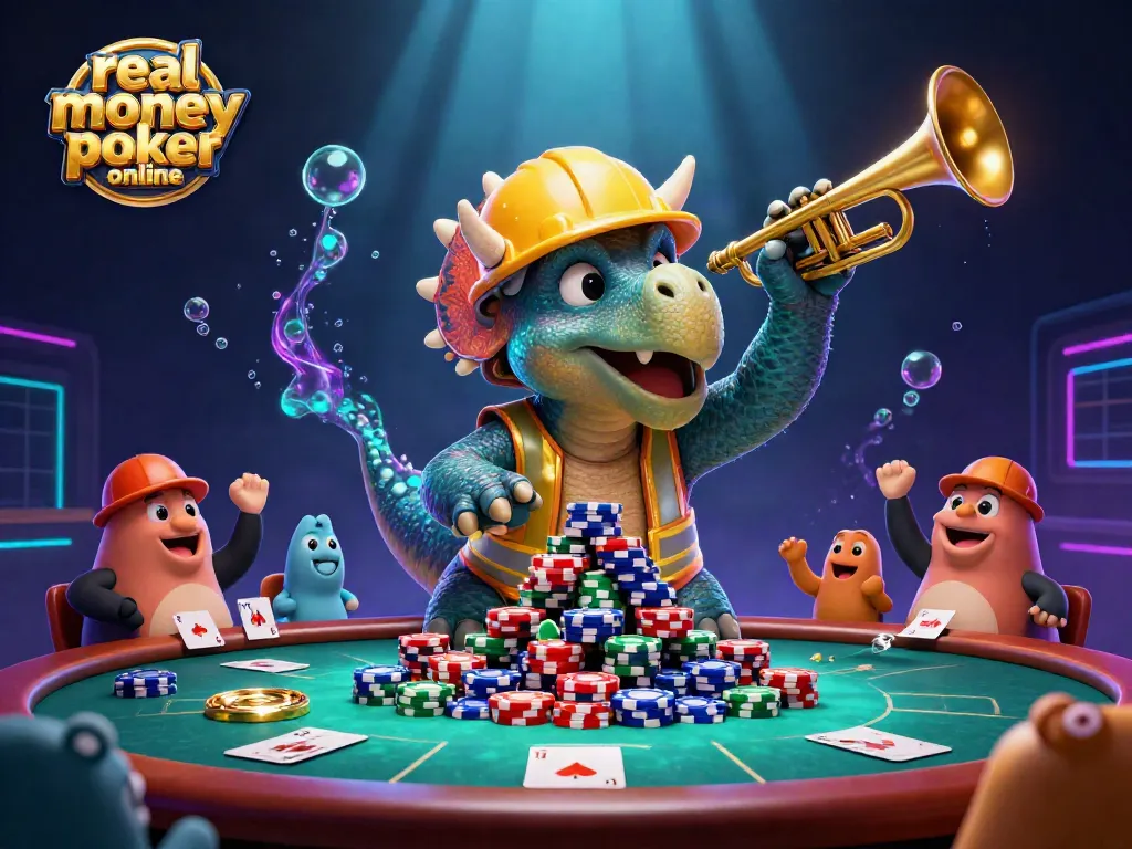 Engage in real money poker online with a 3D triceratops building poker chip pyramids.