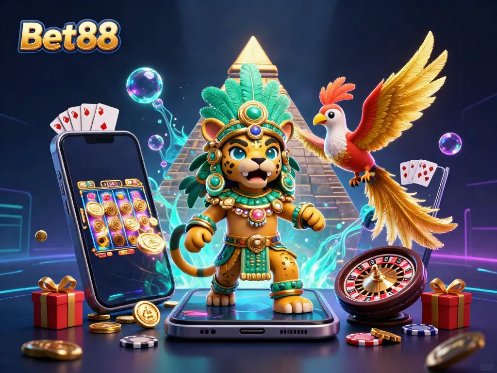 Experience Bet88's thrilling gaming world with vibrant jackpots and casino elements.