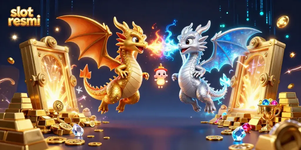 Experience the excitement of slot resmi with dragon-themed gameplay amidst treasures and gems.
