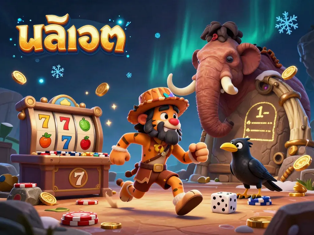 Engage in thrilling สล็อต action with a caveman and sabertooth duo running a vibrant prehistoric casino scene.