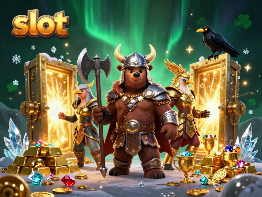 Experience exciting slot action with a Viking bear and Valkyrie in a treasure-filled scene.