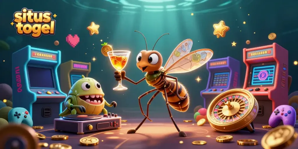 Engage with situs toto togel featuring a dynamic scene of a frozen mosquito mascot, trilobite DJ, and golden roulette wheel.