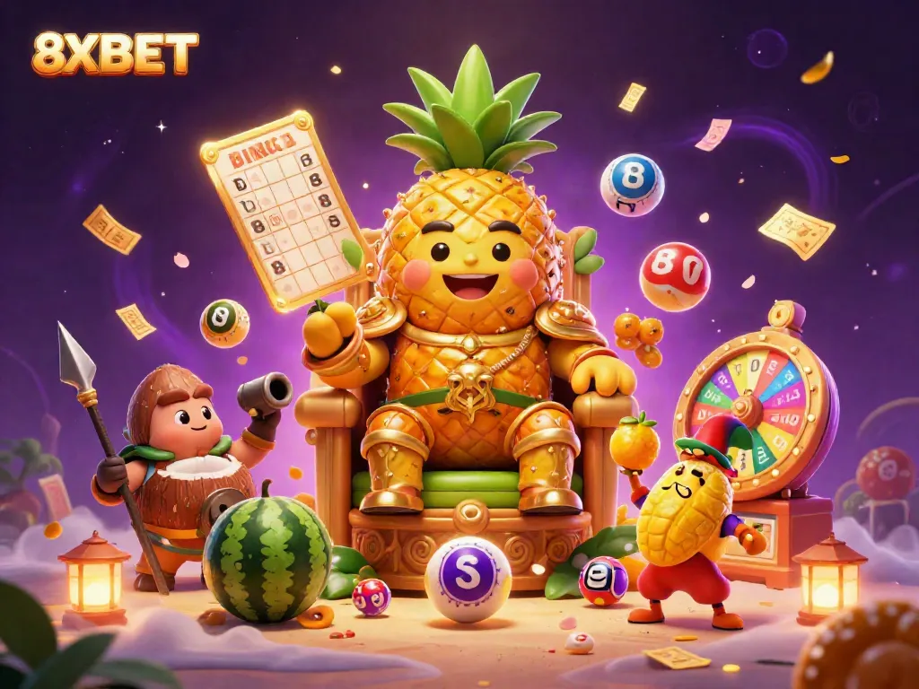 Engage in vibrant gaming at 8XBET with colorful lottery elements and a tropical casino scene.