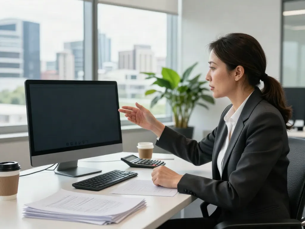 Finance Broker in Brisbane conducting a video consultation in a modern office.