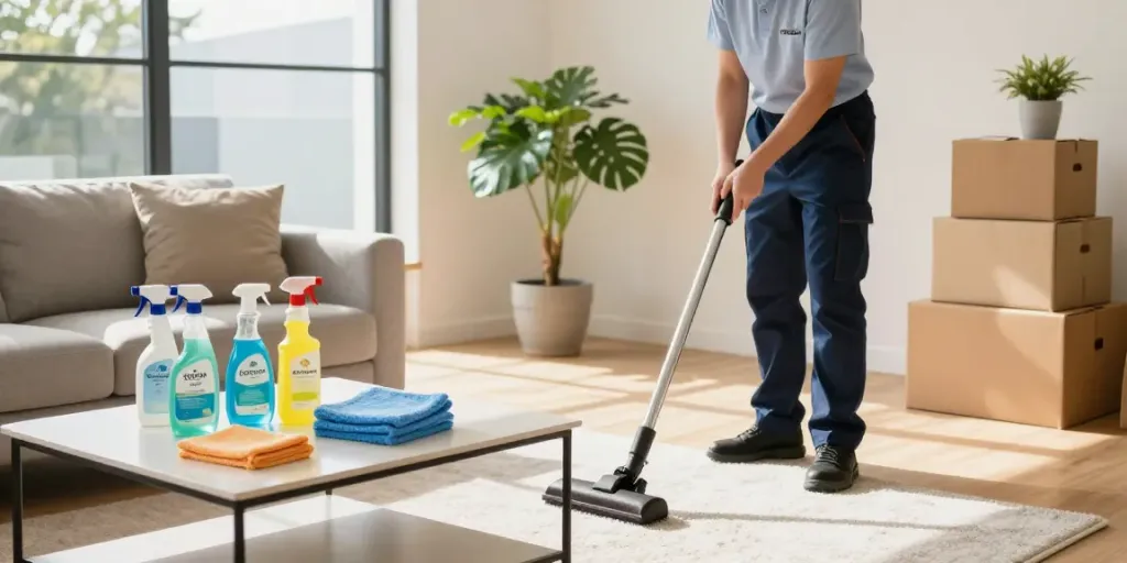 Professional end of lease cleaning in Melbourne with a cleaner vacuuming a bright living room.