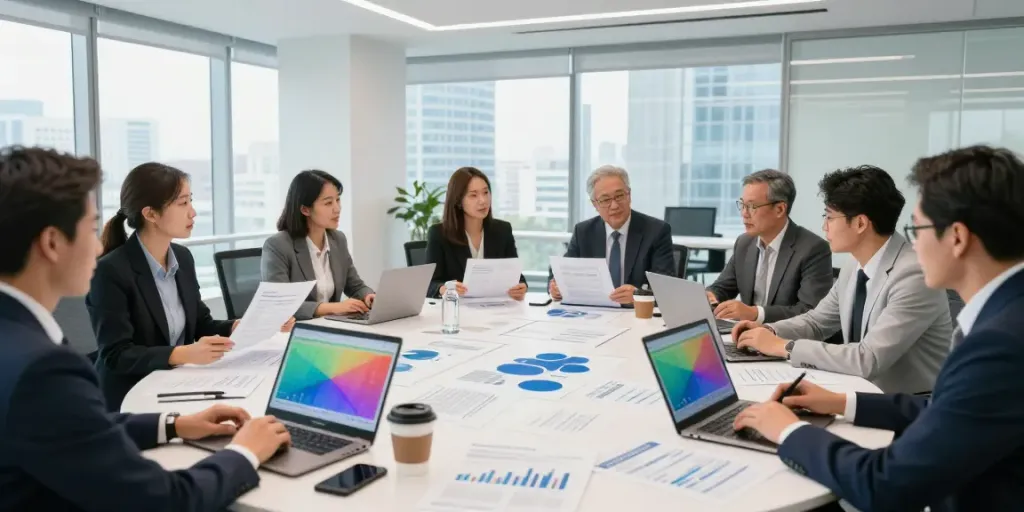 Dynamic team reviewing global insurance news today in a modern office.
