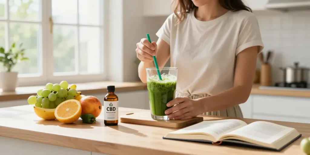 Discovering cheap tobacco and cigarettes online amidst a wellness ritual featuring CBD oil, healthy ingredients, and bright kitchen aesthetics.