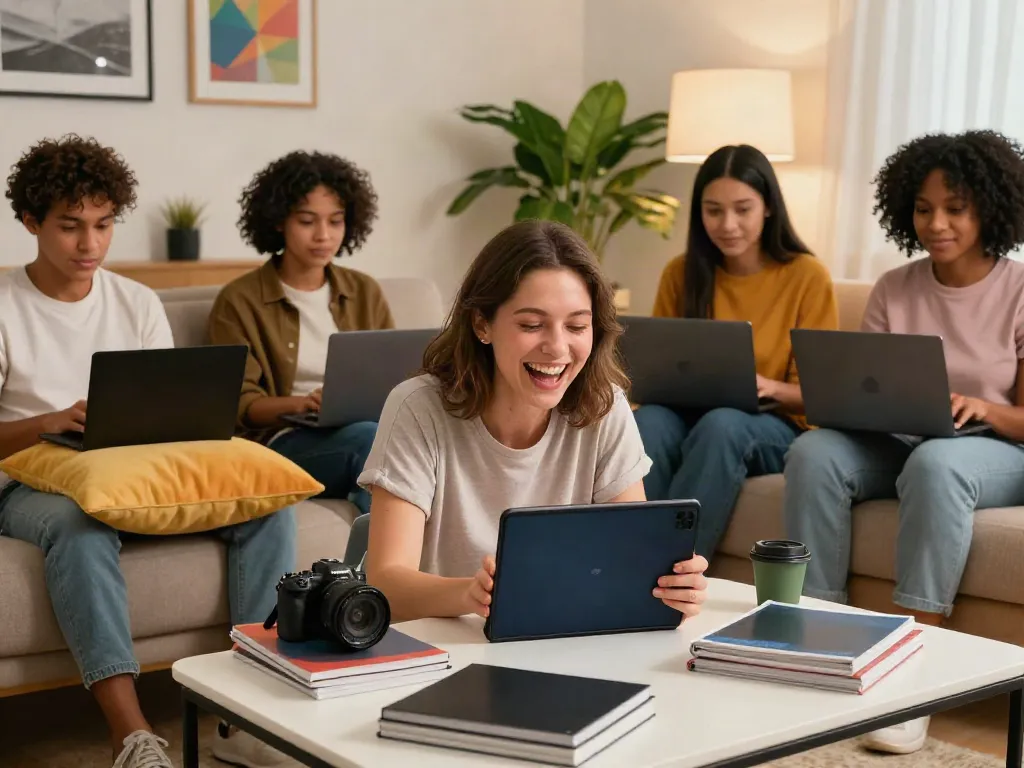 Women enjoying HornyLeak videos on tablets and laptops in a cozy living room.