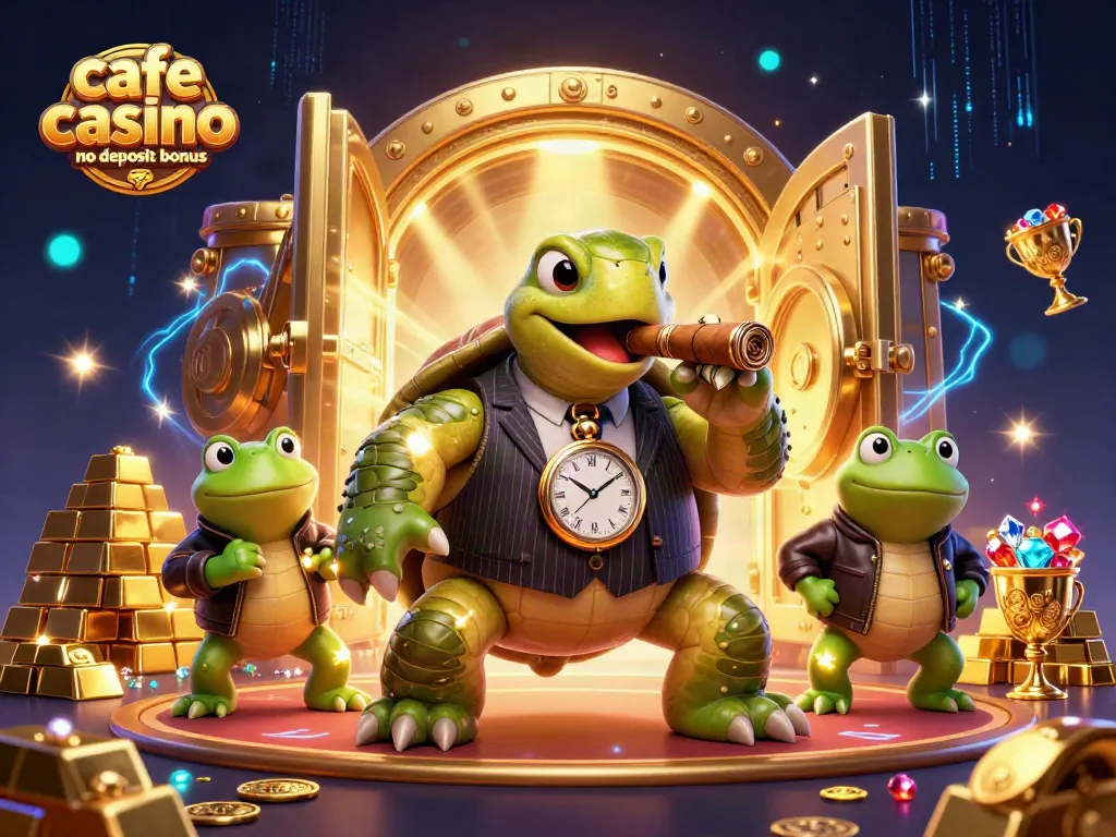 Engage with the cafe casino no deposit bonus in a vibrant scene featuring a mobster turtle and bullfrog enforcers.