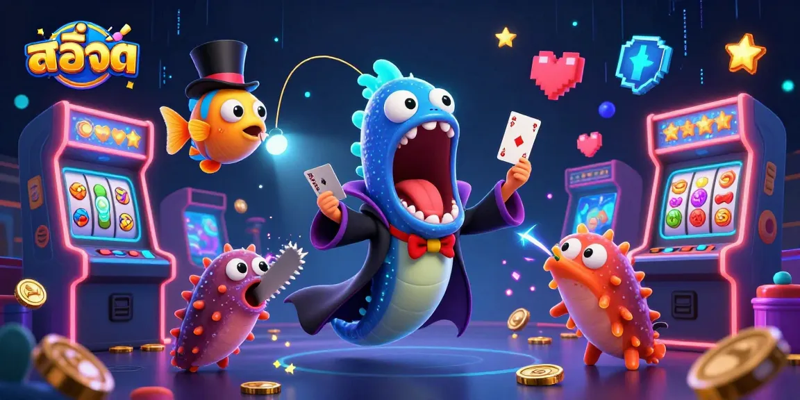 Spin the reels with สล็อต as bioluminescent eel and anglerfish entertain in a vibrant casino scene.