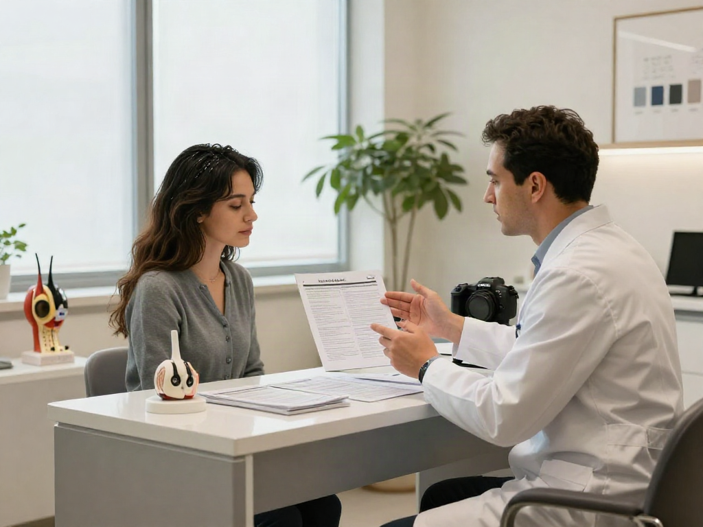 Hair transplant consultation in Turkey, showcasing a patient with a specialist in a modern clinic environment.