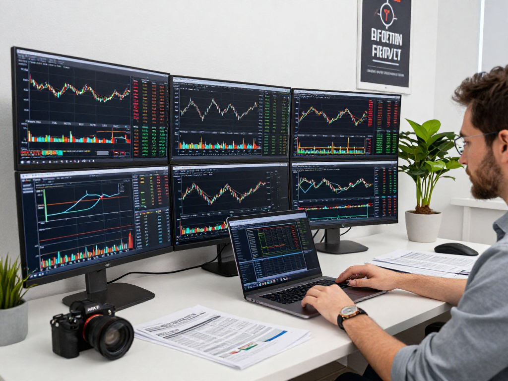 使用 TradingView 进行市场分析的交易员在现代办公室中，监控多种资产实时行情。