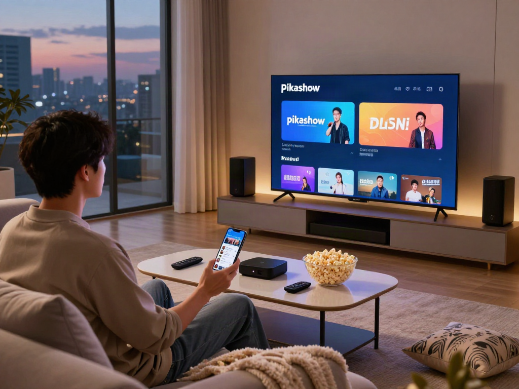 Pikashow app interface displayed on a smart TV in a cozy living room, showcasing modern entertainment.