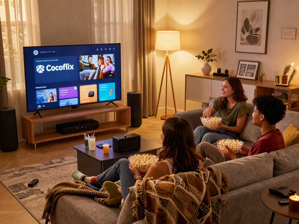 Friends enjoying a movie night with Cocoflix streaming on the TV