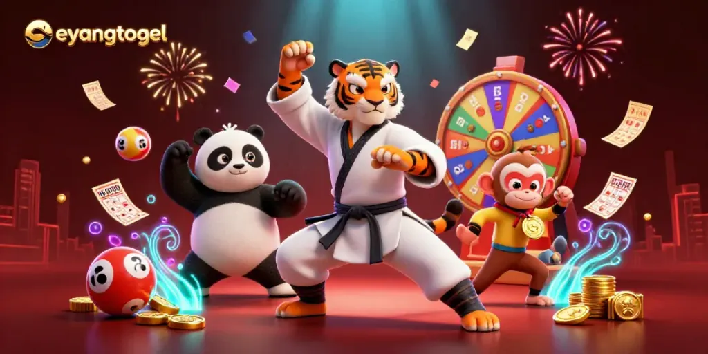 Play lottery quickly at Eyangtogel with vibrant illustrations of characters and game elements.