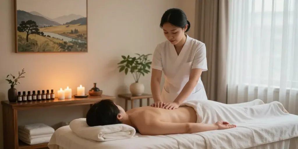Relaxing 강남출장마사지 scene featuring a therapist in a serene spa room with candles and essential oils.