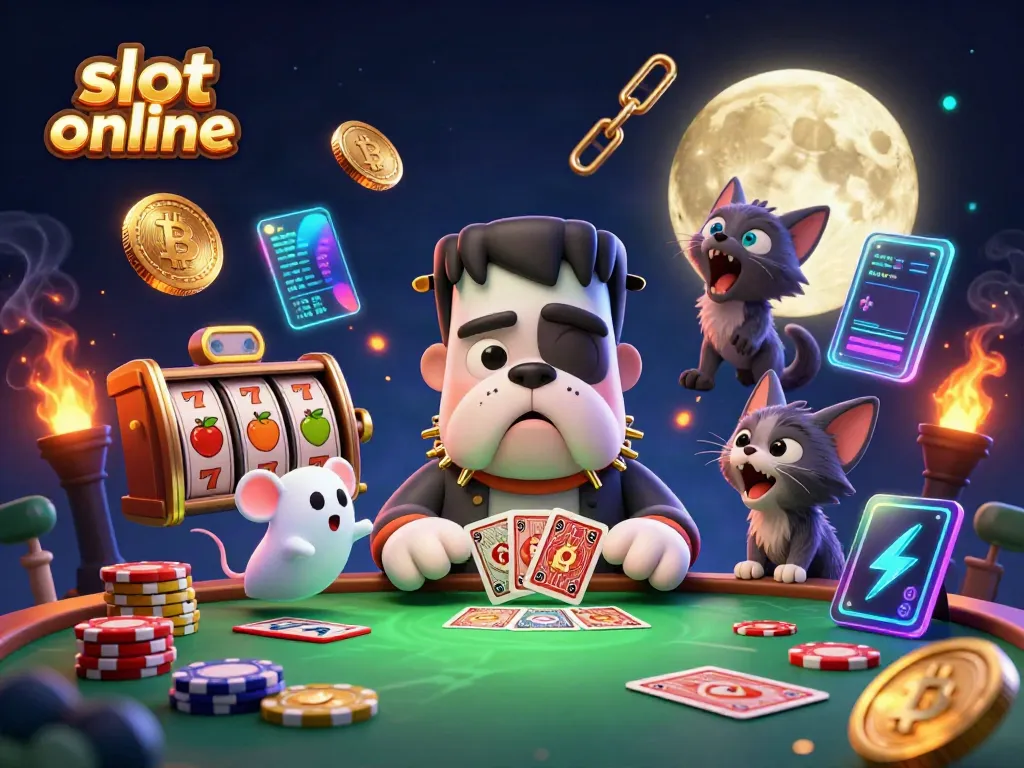 Engaging scene of a Frankenstein bulldog and a werewolf kitten showcasing slot online gaming elements with vibrant graphics.