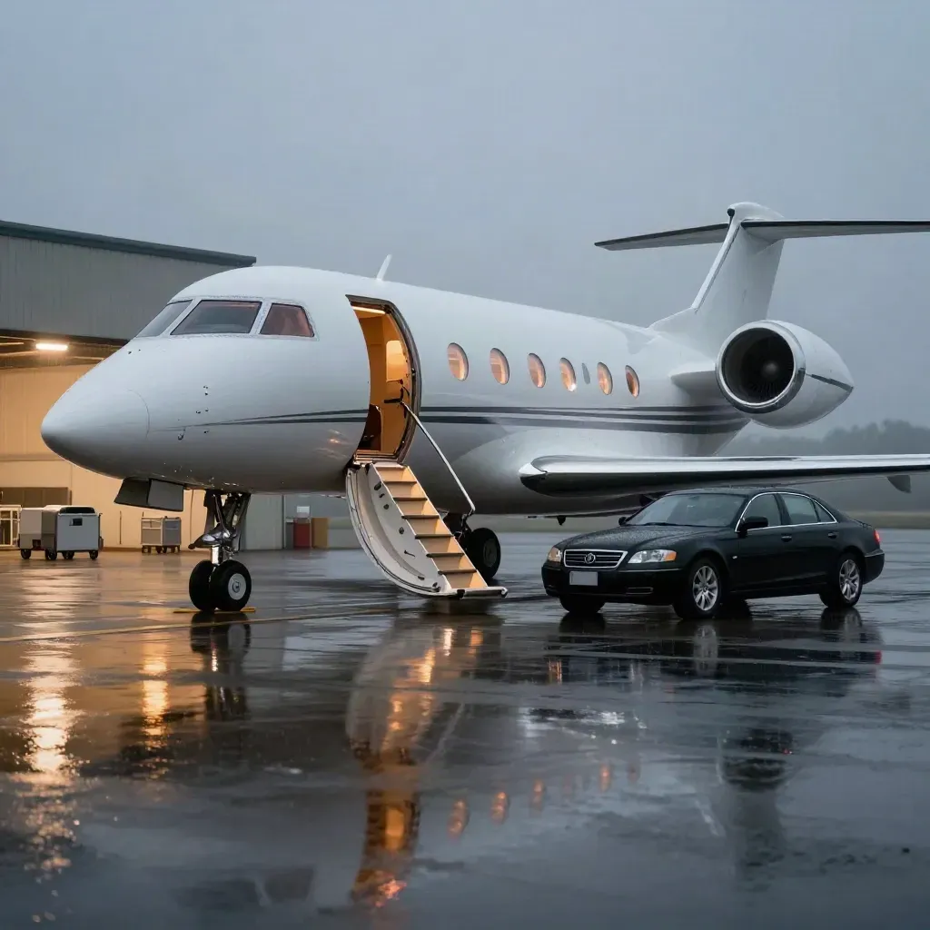Private jet staged on a wet runway beside stairs, sedan and service carts under hangar glow.
