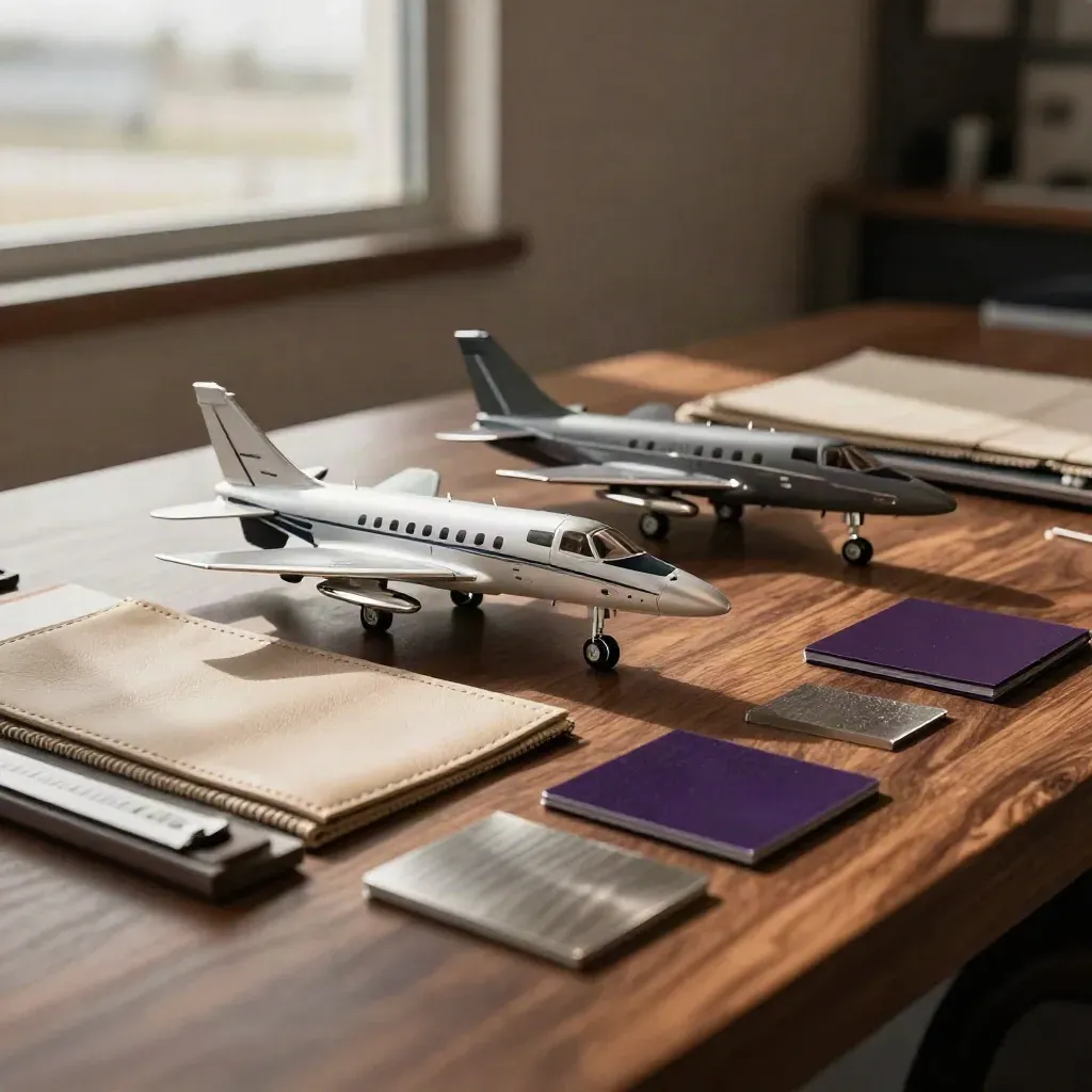 Scale jet models and cabin swatches on a walnut table in hazy hangar light.