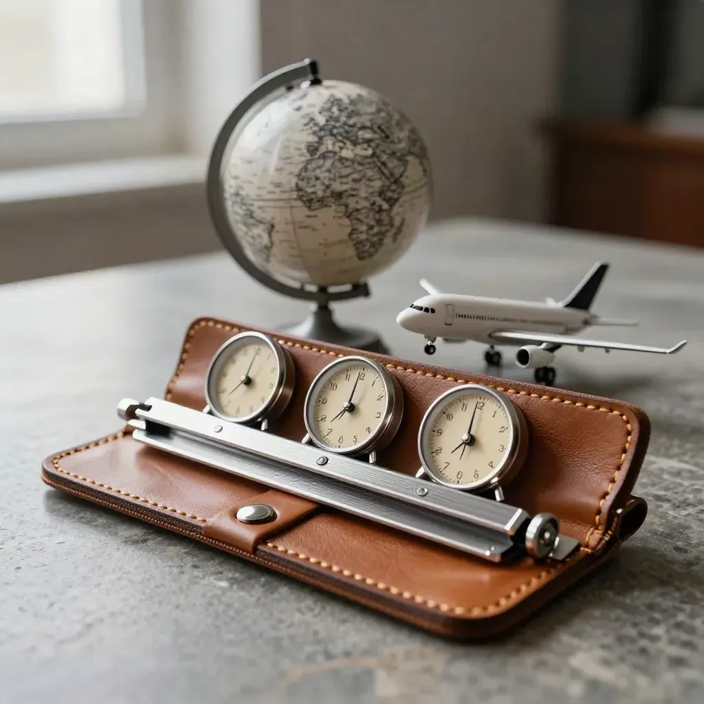 Leather routing kit with clocks, globe, and jet model on stone desk for itinerary planning.