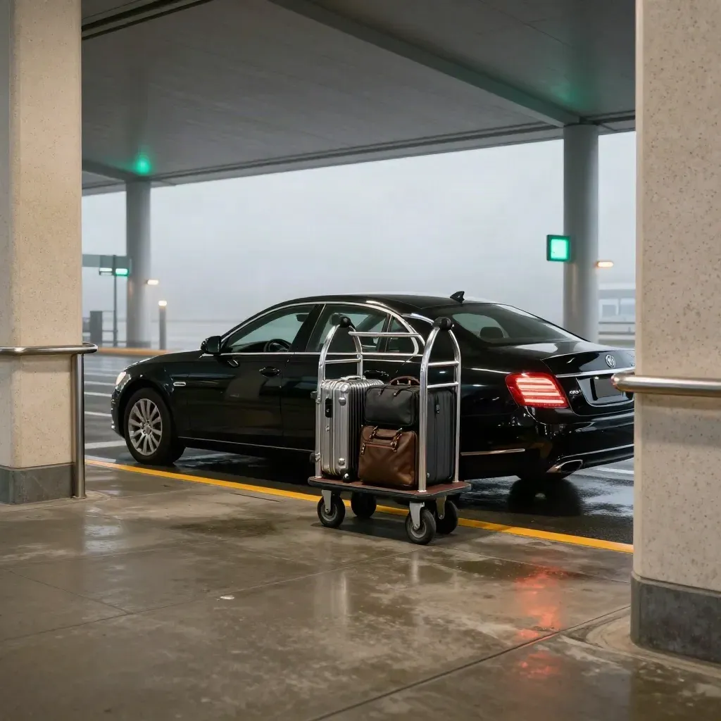 Black sedan at a private terminal curb in fog beside a luggage cart and warm reflections.