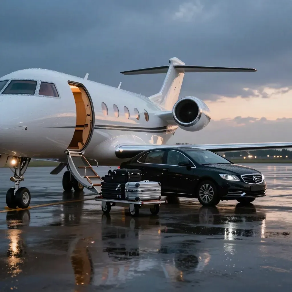 Private jet, black sedan, and luggage cart on a wet apron at blue hour