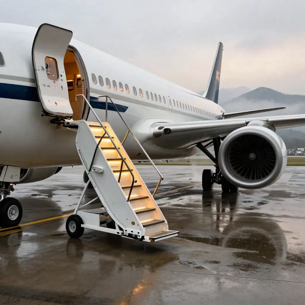 Wet Zurich apron with a jet, lit stairs and a waiting black sedan in dawn mist.