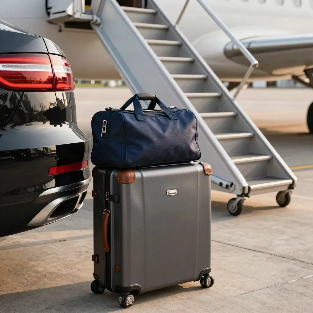 Black sedan, luggage, aircraft stairs, and navy travel pouch aligned for a private jet departure.