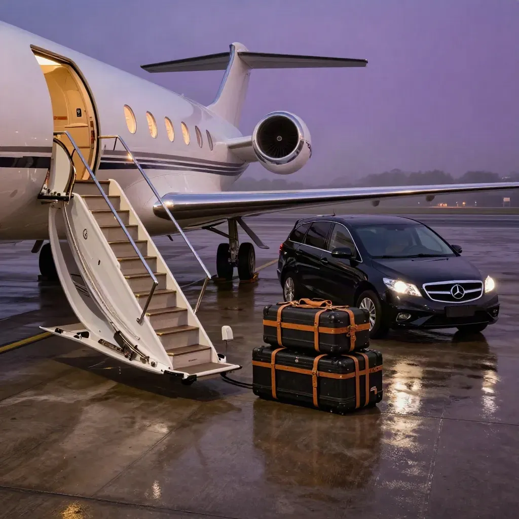 Jet stair, two sedans, and luggage staged on a foggy private jet apron at night.