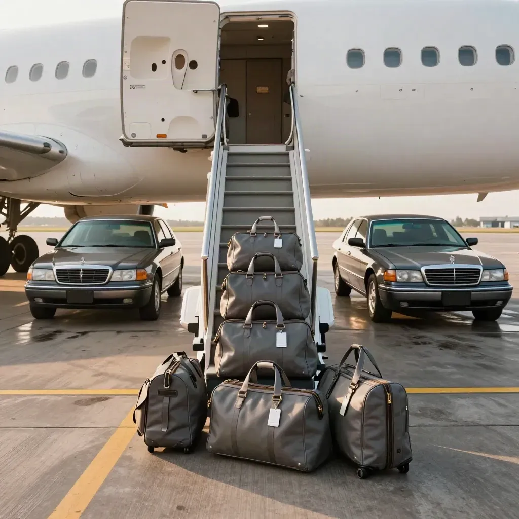 Open jet doorway with six bags and two executive sedans waiting in morning haze.