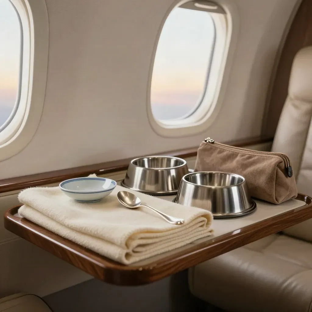 First-class jet tray with cashmere, porcelain, silverware, pet bowl and pouch by a warm window.