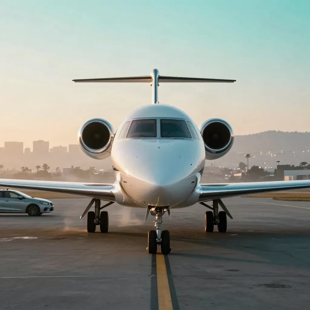 Jet nose on a hazy runway at sunrise, with a waiting car and faint city lights behind