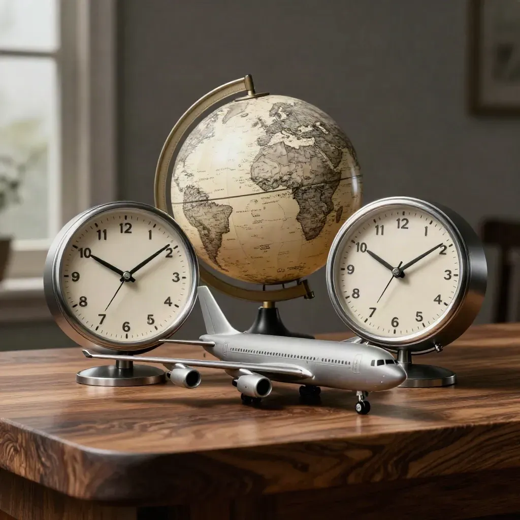 Three silver clocks, a small globe, and a matte aircraft model on a walnut plinth