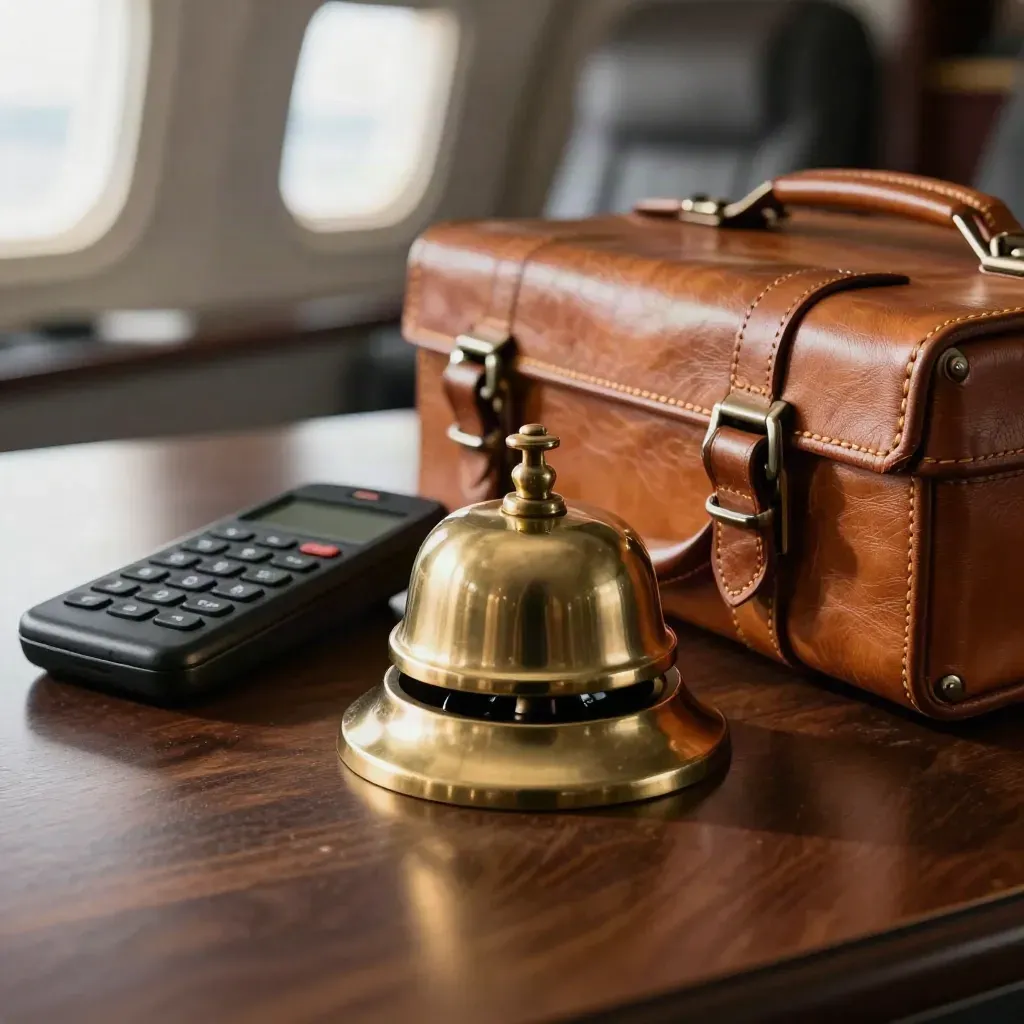 Brass desk bell, satellite phone and leather dispatch case on a dark charter operations desk.