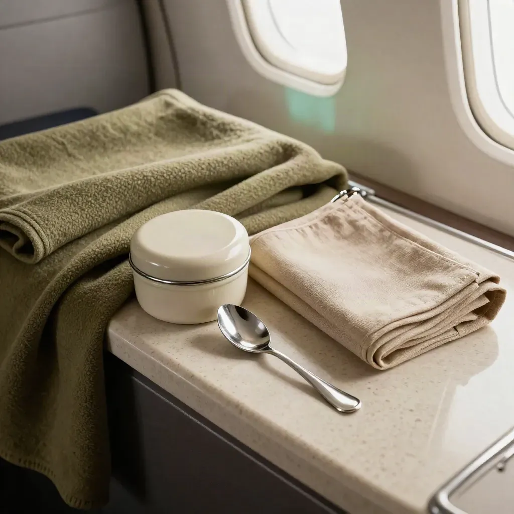 Cashmere throw, porcelain tin, silver spoon, and linen pouch in a private jet service kit.