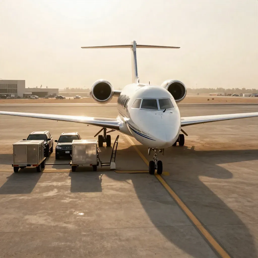 Private jet on a desert ramp with catering carts and two SUVs staged for departure.