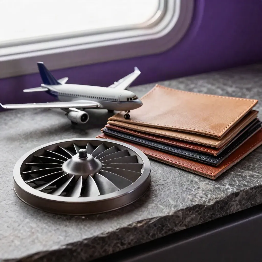 Aircraft model, leather swatches, and turbine fan disc on stone under dramatic studio light.
