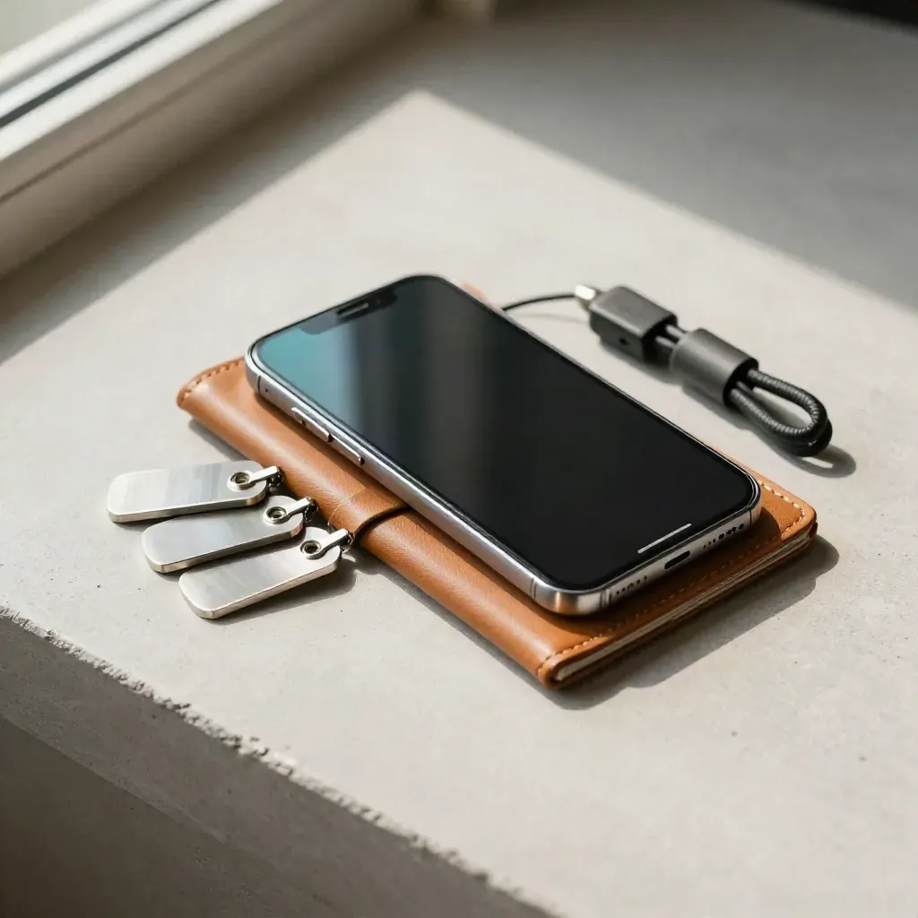 Blank-screen phone on a leather passport wallet with three silver baggage tokens on pale concrete.