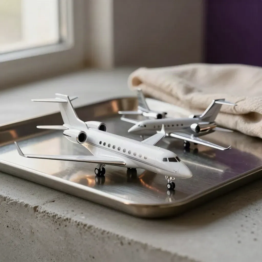 Miniature jet models on a brushed-metal tray with soft light and a violet accent
