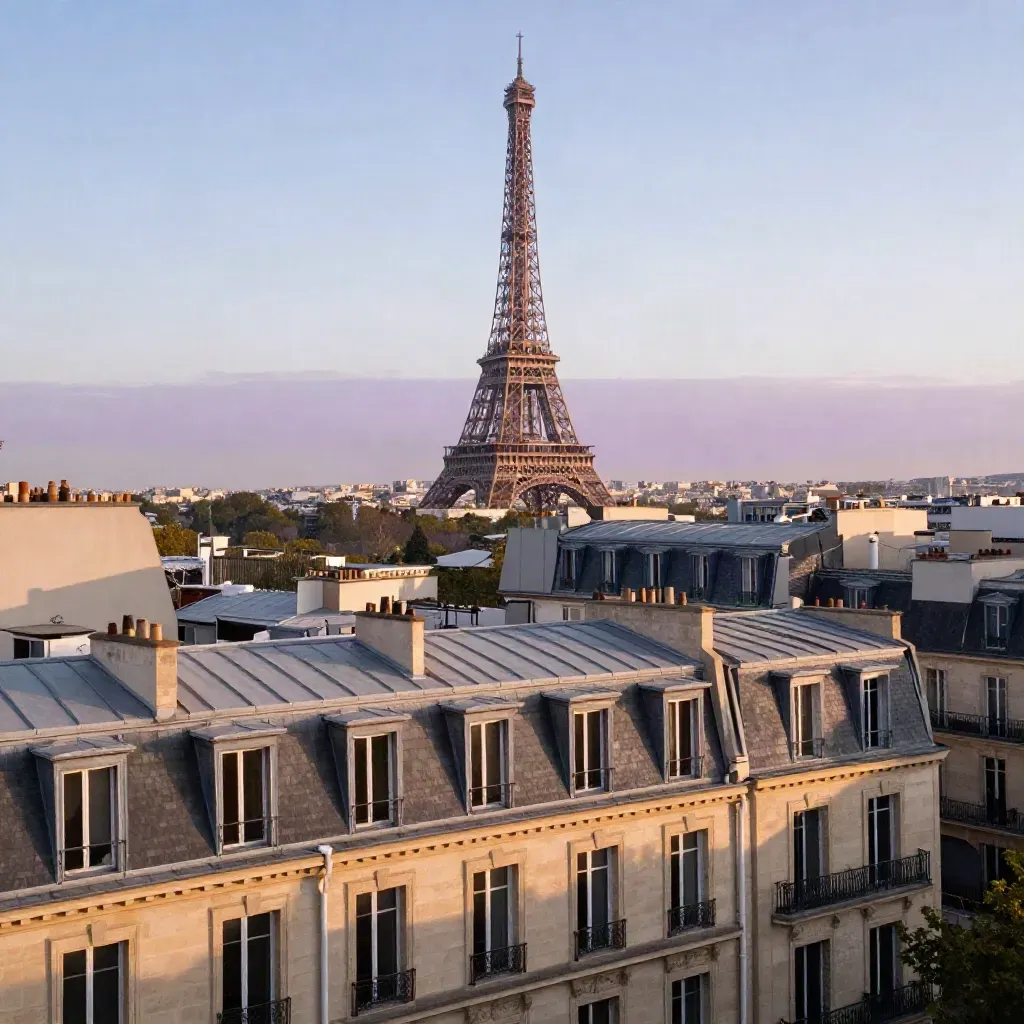 Eiffel Tower above Paris rooftops in golden morning haze, calm sky and stone buildings